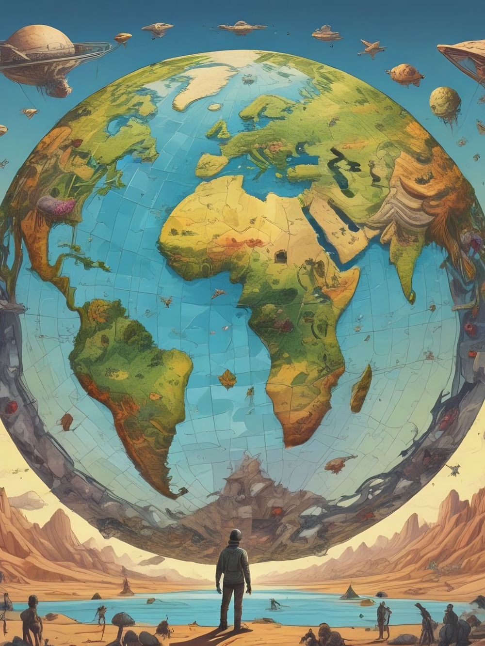 Unbranded Illustrated Globe Art Print in Blue and Green